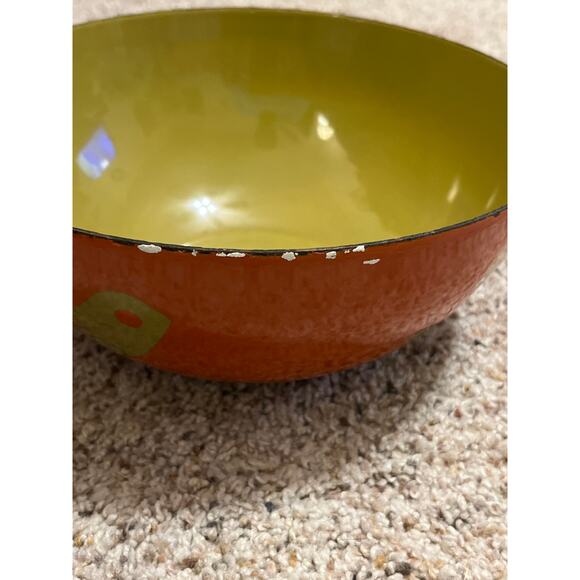 "Vintage MCM Hanova of Pasadena Enamelware Bowl Orange Chartreuse Green 8" RARE - Picture 2 of 15